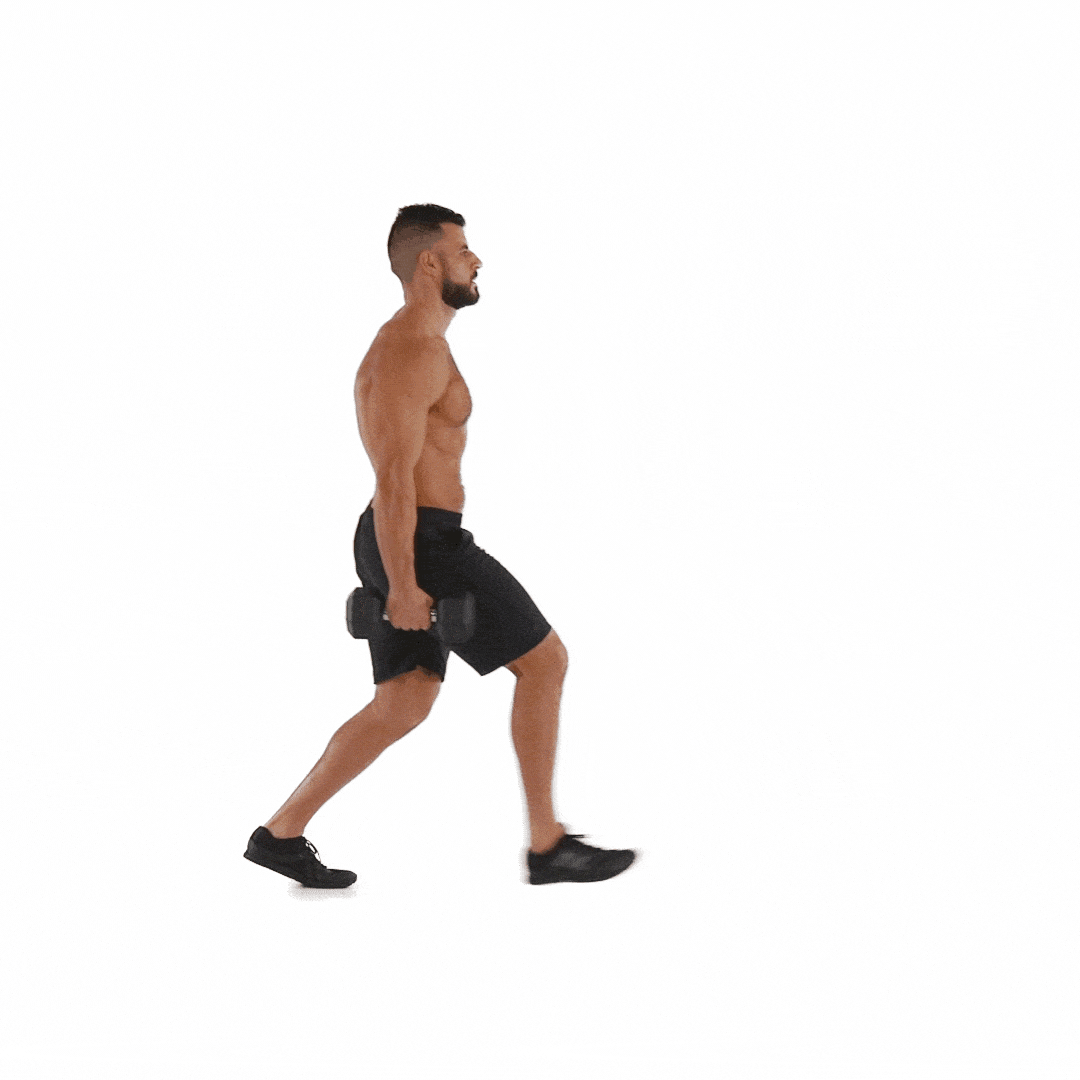 Man doing Walking Lunges with Dumbbells